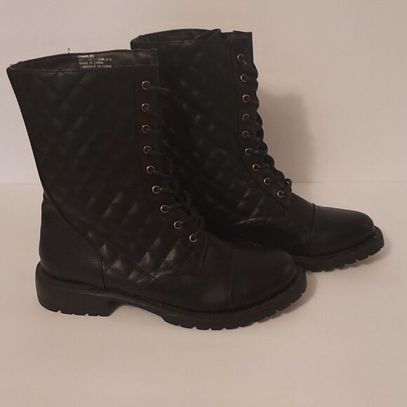 Combat Boots Motorcycle Boots Black Quilted Lace-Up  Size 7 Lug Sole - Picture 2 of 11